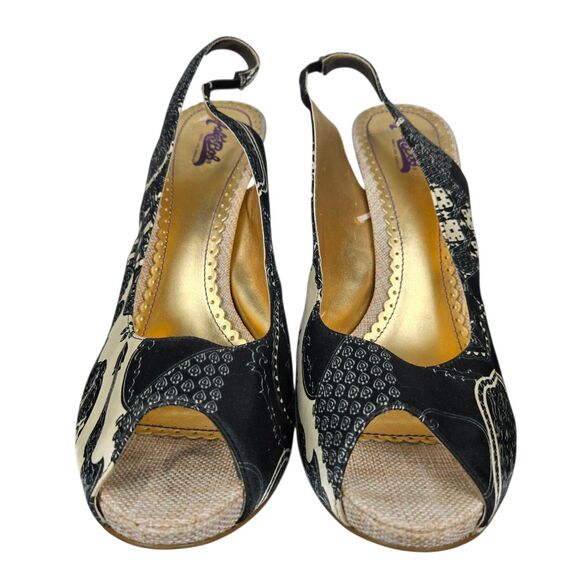 Hale Bob Tan Black Heels Sz 10 M Peep Toe Slingback Leather Outsole - Picture 6 of 16